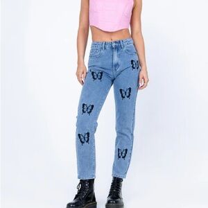 Princess Polly Blue Straight Leg Jeans with Butterfly Design